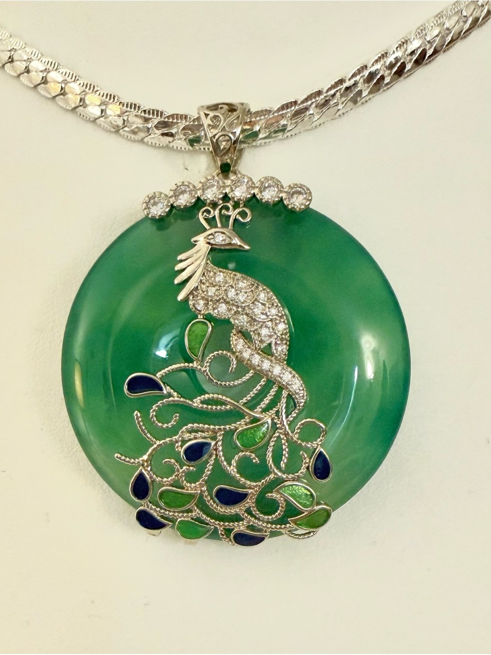 925 Sterling Silver Jade Peacock Pendant Necklace Lapis Accents 18" 54.8g